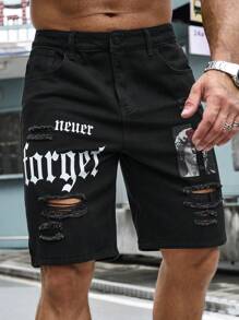 Manfinity LEGND Men Letter Graphic Ripped Denim Shorts Jorts - Black - View 4