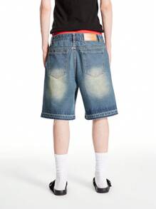 Chillumni Men's Dark Blue Washed Vintage Distressed Loose Denim Shorts - Medium Wash - View 2