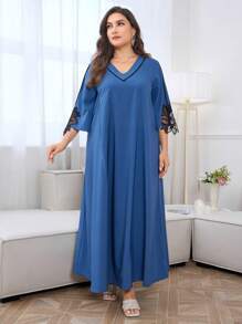 Al Najma 加大撞色蕾丝简约蝙蝠袖连衣裙，全长宽松长款卡夫坦连衣裙，适合春夏季 - 霧霾藍 - 查看 4
