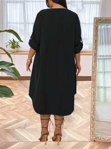 Calvaya Plus Button Front Roll Up Sleeve Dress For Summer - Black - View 2