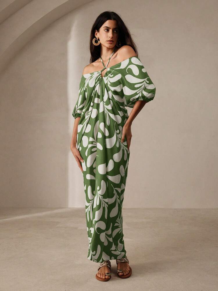 Women's Plant Printed Off Shoulder Cross Halter Neck Dress Maxi Women Outfit