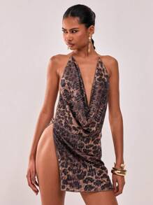 MUSERA 性感亮片豹纹高领迷你连衣裙，适合伊比沙岛，波西米亚风，春季度假夏季节日