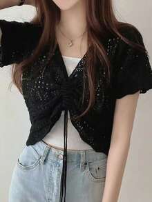 Áo dệt kim nữ cổ chữ V khoét rỗng, có dây rút, màu đen, thích hợp cho mùa hè. - màu đen - Xem 4