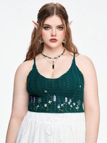 ROMWE Fairycore Spring Flower Embroidery V-Neck Criss-Cross Tank Top Plus Size Knit Sweater