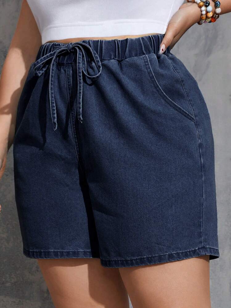 Firerie Shorts Denim Feminino Casual Plus Size com Cinto Solto - Lavagem escura - Visão 6