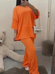 INAWLY Solid Drop Shoulder Tee & Pants For Summer - Orange - View 5