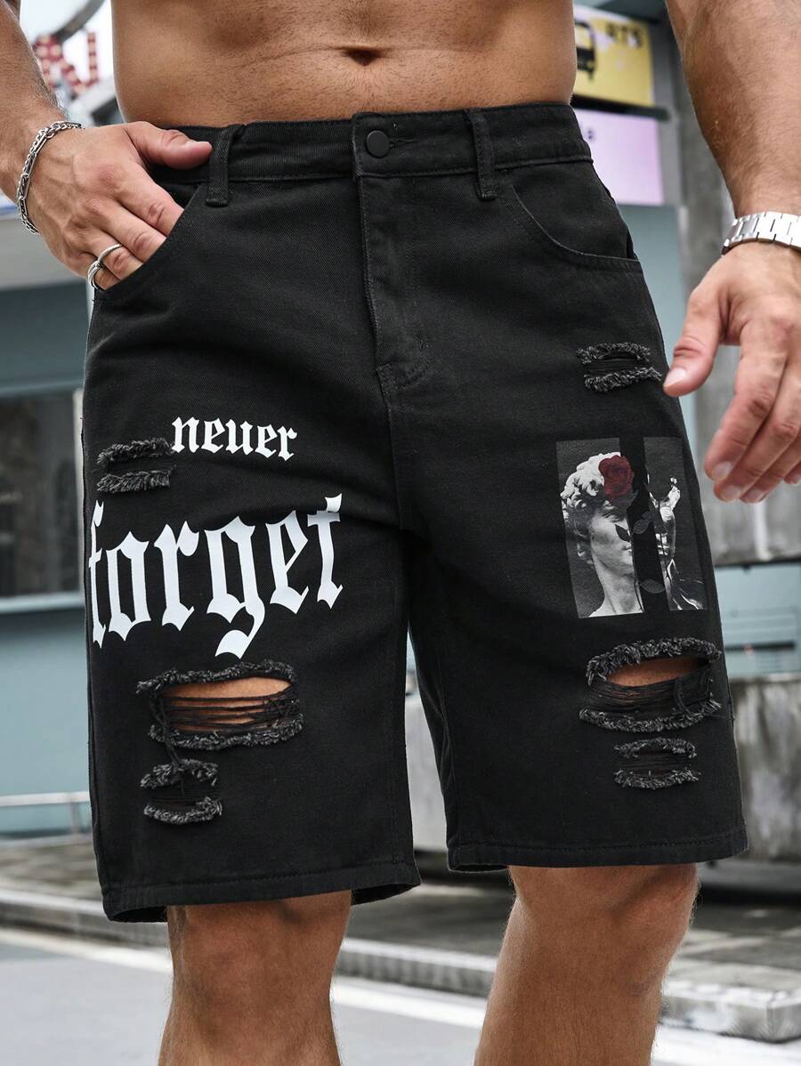 Manfinity LEGND Men Letter Graphic Ripped Denim Shorts Jorts - Black - View 1