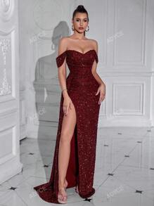 ADYCE Vestido de graduación, de fiesta de noche, de cóctel o de invitada de boda elegante y formal con hombros descubiertos, abertura lateral, cinta y fruncido en la cintura