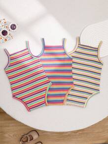 SHEIN Playful Pals 3pcs Baby Girls' Colorful Striped Bodysuit With Strawberry Embroidery, Perfect For Casual Wear Or Outdoor Activities In Spring And Summer