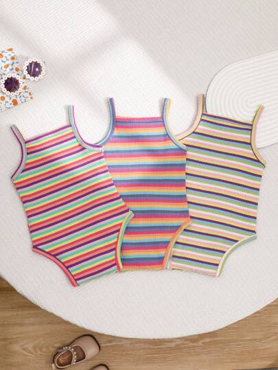 SHEIN Playful Pals 嬰兒女寶寶彩色條紋連體衣，草莓刺繡，非常適合春夏時節的休閒和戶外活動