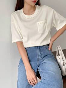 DAZY Camiseta Con Cuentas De Perlas Con Diseño De Hombro Caído