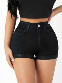SHEIN PETITE 卷邊高腰牛仔短褲 - 黑色 - 查看 3