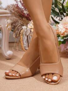 女款露趾後背帶厚跟涼鞋，簡約休閒棕色皮革高跟鞋 - 摩卡棕 - 查看 4