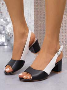 Sandalias de tacón grueso y punta abierta con correa trasera para mujeres, simples y modernas en negro y blanco, zapatos de verano con tacón alto - Blanco y Negro - Ver 3