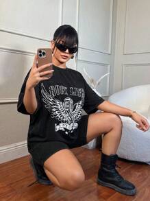 SHEIN SXY Band Pattern Snow Wash Tee & Cycling Shorts Summer Casual Set