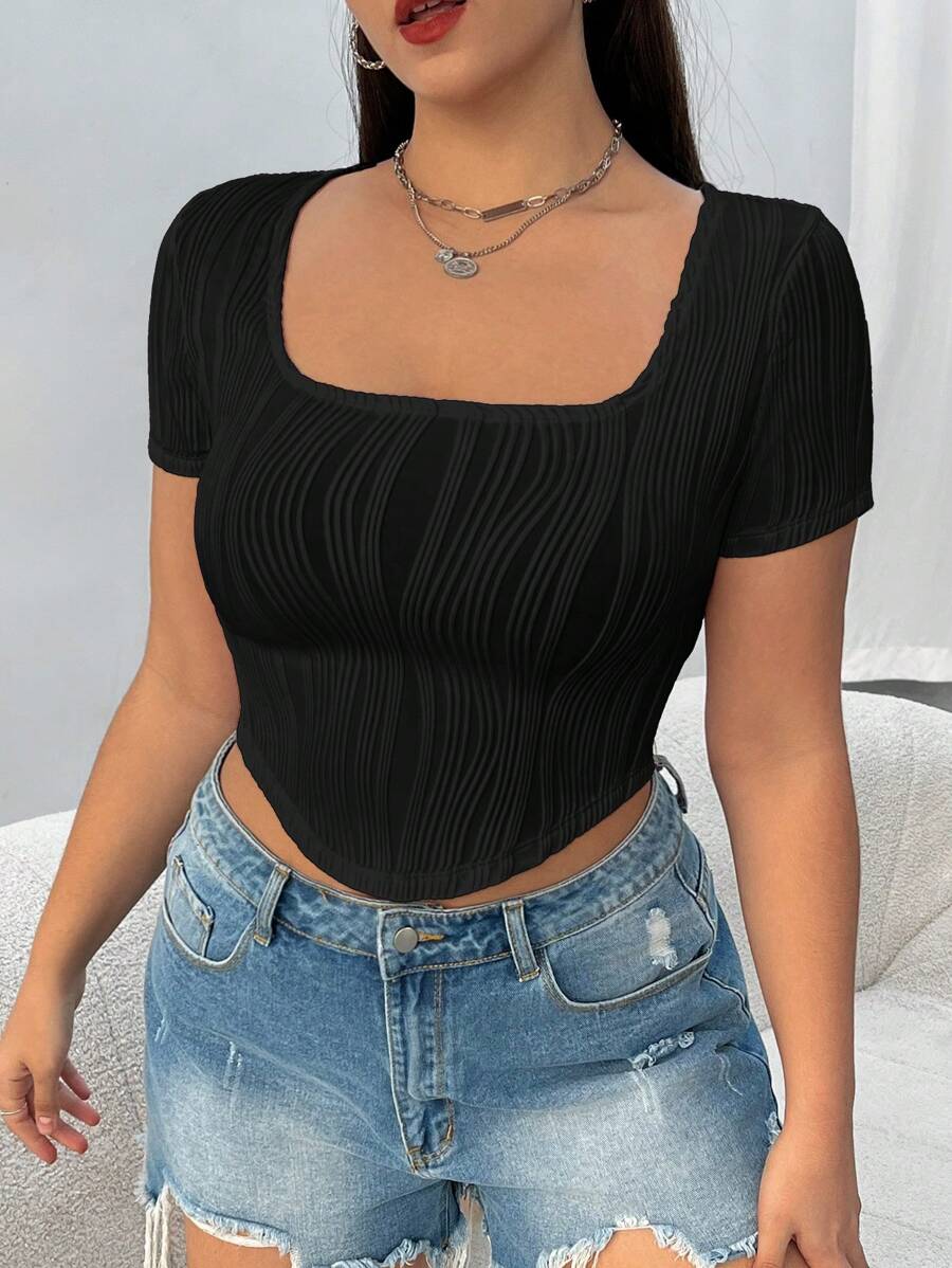 SHEIN EZwear 大码白色针织女式修身 T 恤 - 黑色 - 查看 1