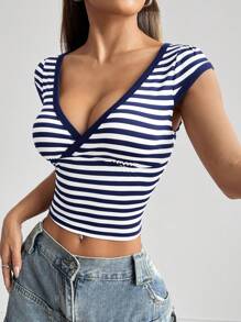 SHEIN EZwear 海軍藍白條紋針織女士修身V領T恤