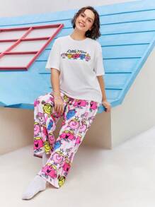 Mr Men Little Miss X SHEIN Plus Size Loose Knit Cartoon Striped Printed Pajama Set For Leisure And Home - Red - View 1