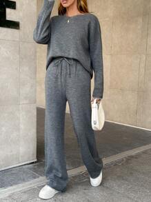 EURMUSE Women's Knitwear Co-Ords With Stitch Detail - Grey - View 1