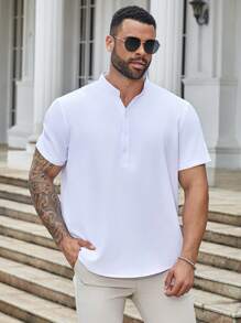 Manfinity Mode Men Plus Casual Plain Half Button Solid Short Sleeve Shirt For Summer
