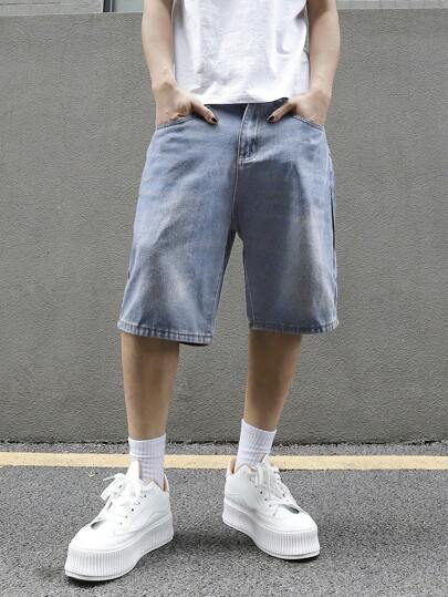 Manfinity EMRG Men's Loose Fit Casual Denim Bermuda Shorts With Pockets, Summer Denim Shorts Jorts