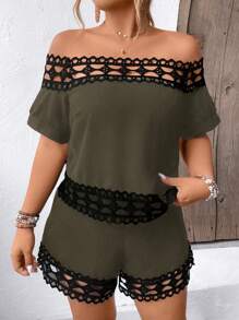 SHEIN LUNE Plus Size Women's Color Block Off Shoulder Top And Shorts, Simple Casual Two Pieces Set For Daily Wear - Green - View 3