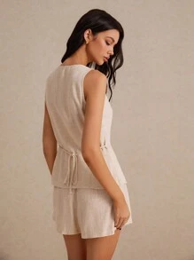 Poéselle 夏季亚麻西装两件套商务休闲套装面料舒适透气适合日常通勤出街穿女夏季休闲纯色背心短裤套装两件套秋冬短款套装 - 卡其色 - 查看 4