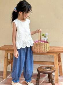 SHEIN Little Girls' Sleeveless Round Neck Burnt-Out Flower Top And Pants Set With Ruffled Hem - Multicolor - View 5