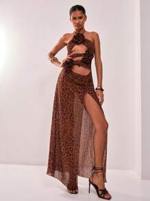 MUSERA Leopard Print Cut Out Flower Applique Maxi Dress Sexy Cute Spring Summer Party Going Out Vacation Long Dress - Multicolor - View 1