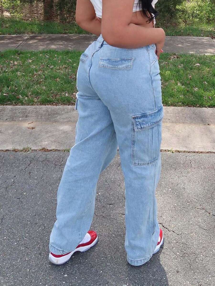 美式休闲基本款洗水多口袋工装牛仔裤 - 淺色水洗藍 - 查看 1