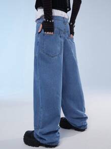 Manfinity Homme Quần jean denim ống rộng dáng rộng giản dị có túi cho nam, phong cách đường phố - Rửa nhẹ - Xem 2