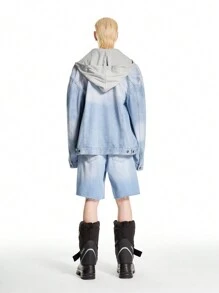 Manfinity Hypemode Men's Light Blue Vintage Distressed Denim Oversized Hooded Jacket - Light Wash - View 13