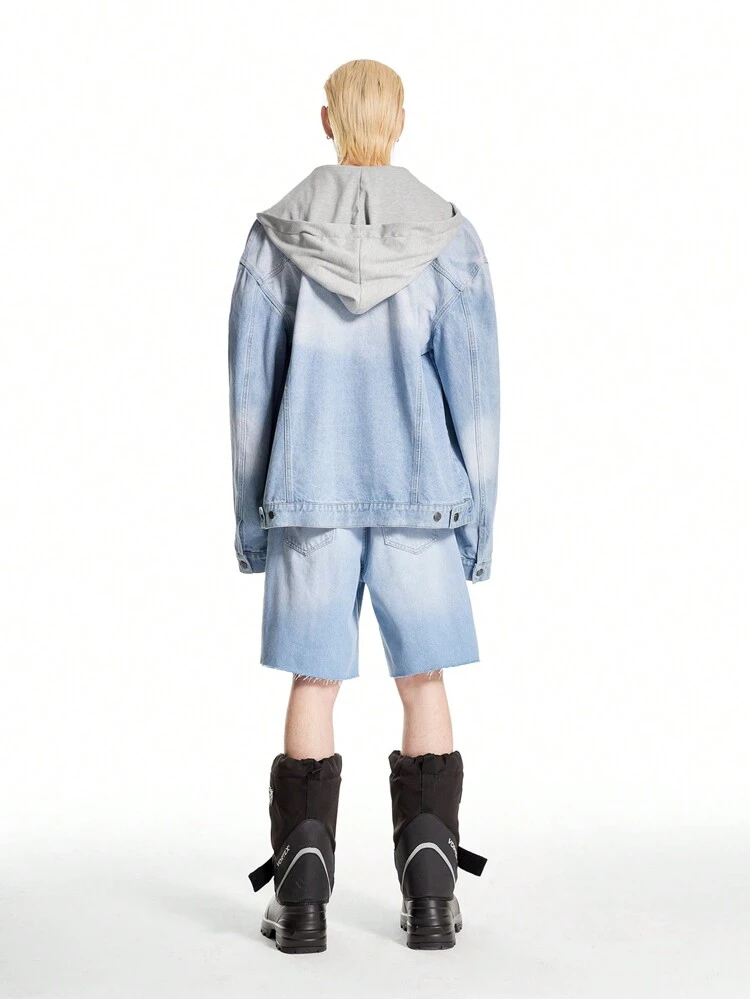 Men's Light Blue Vintage Distressed Denim Oversized Hooded Jacket