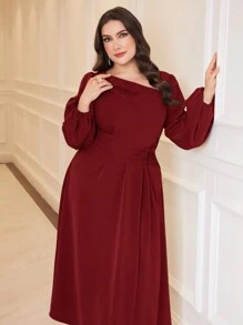 Modelyn Vestido de verano elegante de talla grande con mangas farol asimétricas, cintura ceñida y color rojo burdeos