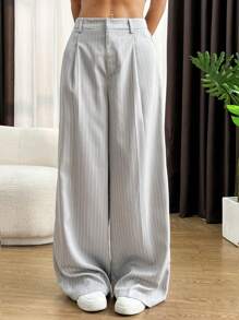 SHEIN EZwear Quần ống rộng xếp ly sọc rộng thông thường dành cho nữ - Xám - Xem 6