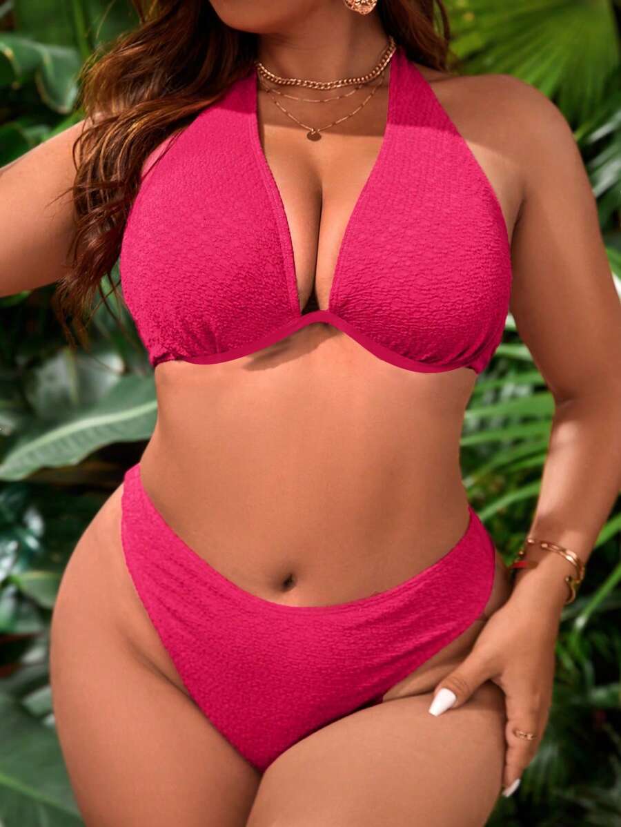 SHEIN Swim Curve 夏季海灘大碼頸掛式下托比基尼套裝 - 玫紅色 - 查看 1