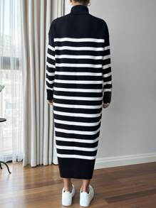 EURMUSE Women's Knitwear Dress With Gold Coloured Buttons - Black and White - View 4