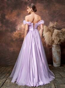 Faeriesty Vestido de fiesta de maternidad Dressalisa con detalles de aplicaciones y hombros descubiertos de tul - Lila Púrpura - Ver 2