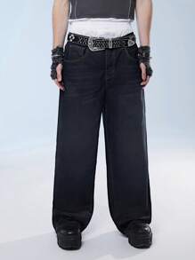 Manfinity Roghcode 男士休閒寬鬆牛仔褲，附有口袋，街頭風格 - 黑色 - 查看 4