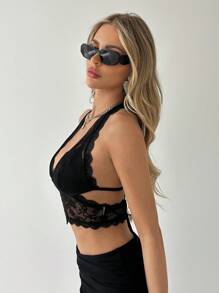 SHEIN ICON Y2k夏季女性深V領領口魚骨紋三角杯兩用鎖扣中空背心上衣 - 黑色 - 查看 5