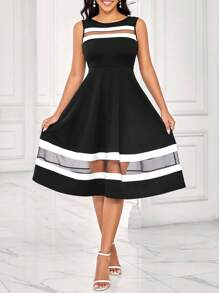 SHEIN Lady Women's Sleeveless Black And White  Color Block A-Line Dress Women Vintage Clothes Teacher Dress   Women Dresses - Multicolor - View 1