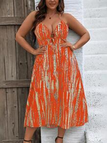 SHEIN Clasi 渲染印花大碼夏季無袖短裙，雙肩頸後空心設計，適合音樂節