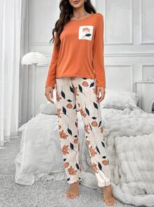 Floral Print Pocket Patched Long Sleeve Tee & Pants PJ Set / Pajama Set, Fall Winter Clothes - Orange - View 4