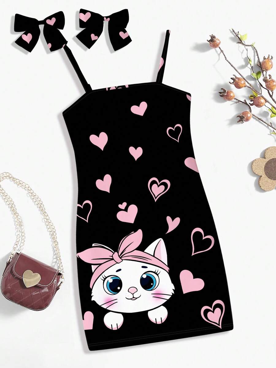 Leap Crew Tween Girl Cute Pink Heart Cat Printed Cartoon Pattern Cami Dress, Summer - Black - View 1