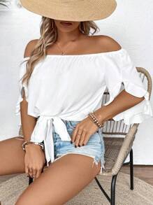 EMERY ROSE Blusa plus de hombros descubiertos con nudo en el dobladillo - Blanco - Ver 3