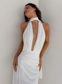 Aloruh Women's Spring/Summer Wedding Season Party Deep V-Neck Backless Halter Chiffon Cinched Waist A-Line Dress,White Graduation Dress - White - View 3