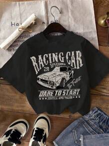 SHEIN 返校季服裝，圖形T恤，青少年女孩休閒酷黑白肖像，復古車，星星圖案短袖T恤白色、黑色和粉色三色可選，適合夏季穿著