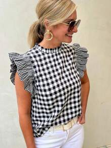 SHEIN Frenchy Áo kiểu giản dị dành cho nữ kẻ sọc in hình Ruffle Hem Áo sơ mi mùa hè Quần áo đi học lại Quần áo giáo viên Áo Sơ mi đen Đi chơi Áo Áo mùa hè Áo sơ mi kẻ sọc Áo sơ mi nữ công sở thường ngày - Đen và trắng - Xem 2