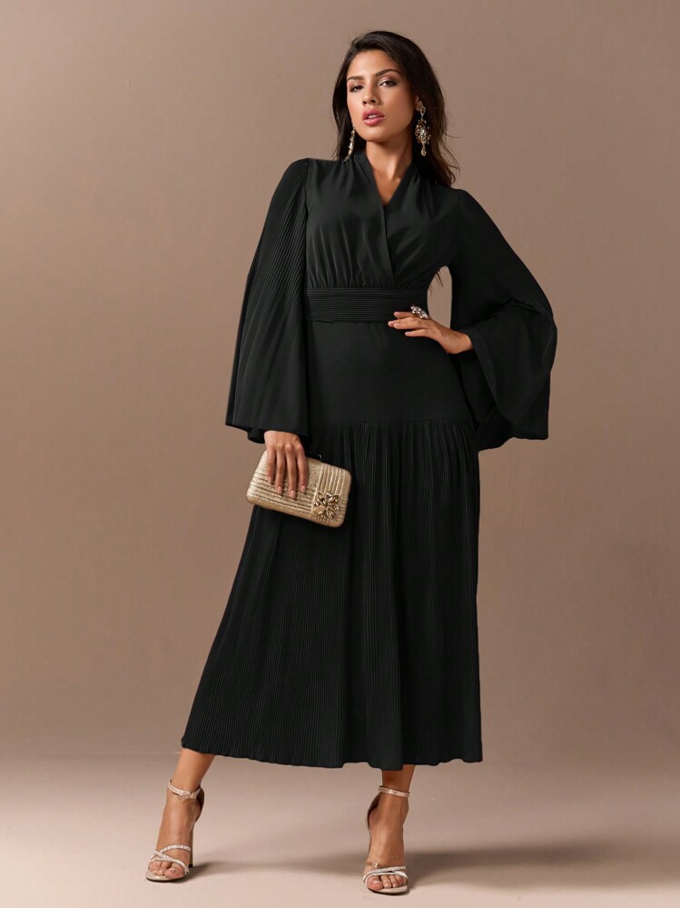 Modelyn Ladies' Solid Color V-Neck Flare Sleeve Casual Arabian Dress - Black - View 3