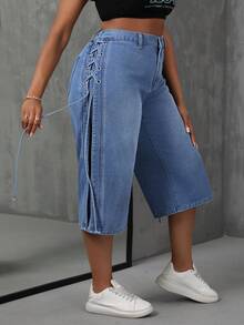 SHEIN SXY Quần Capri denim cạp cao cỡ lớn có dây buộc bên hông - Rửa trung bình - Xem 7